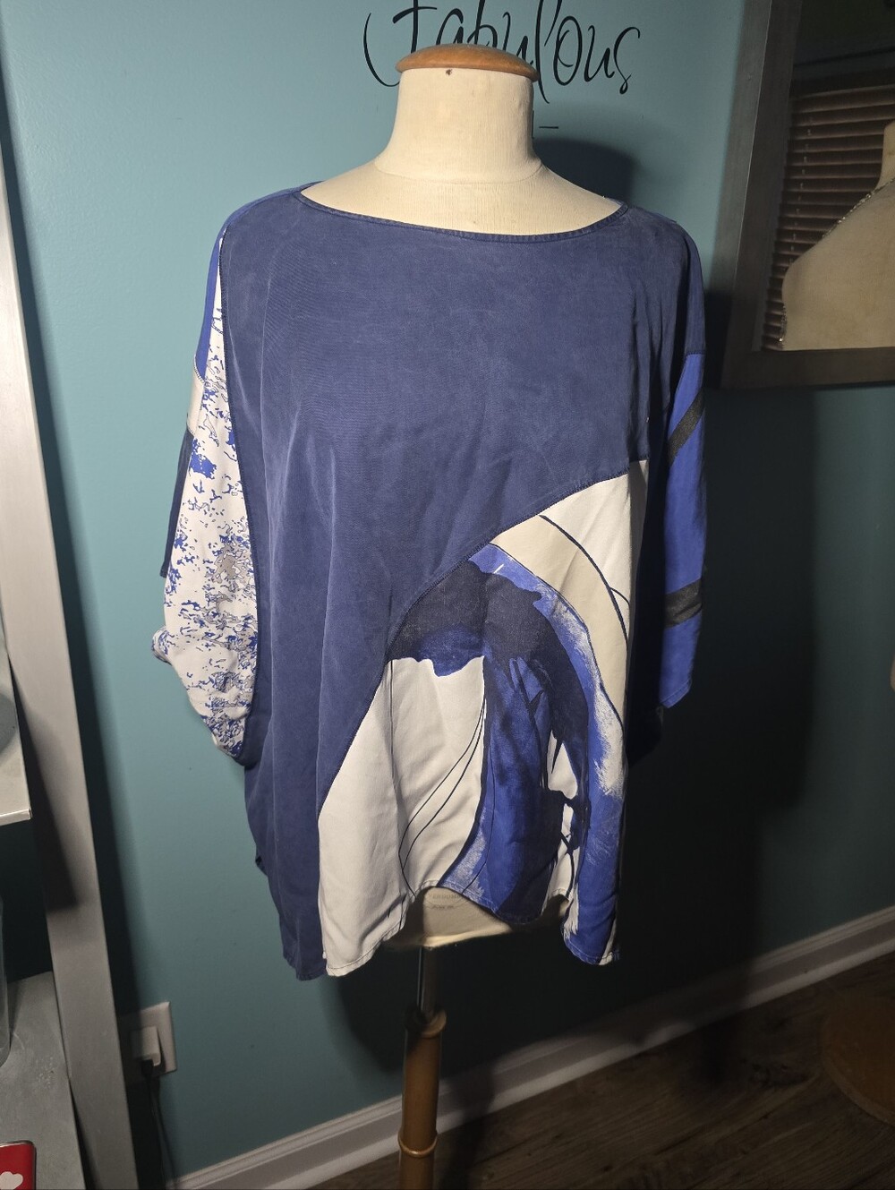 Lemon Grass Blue Abstract Print Kimono-Style Top